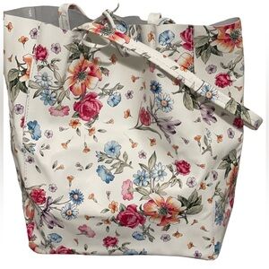 White Italian Leather Floral Print Women's Tote Bag Zip & Tie Top Inner Pouch